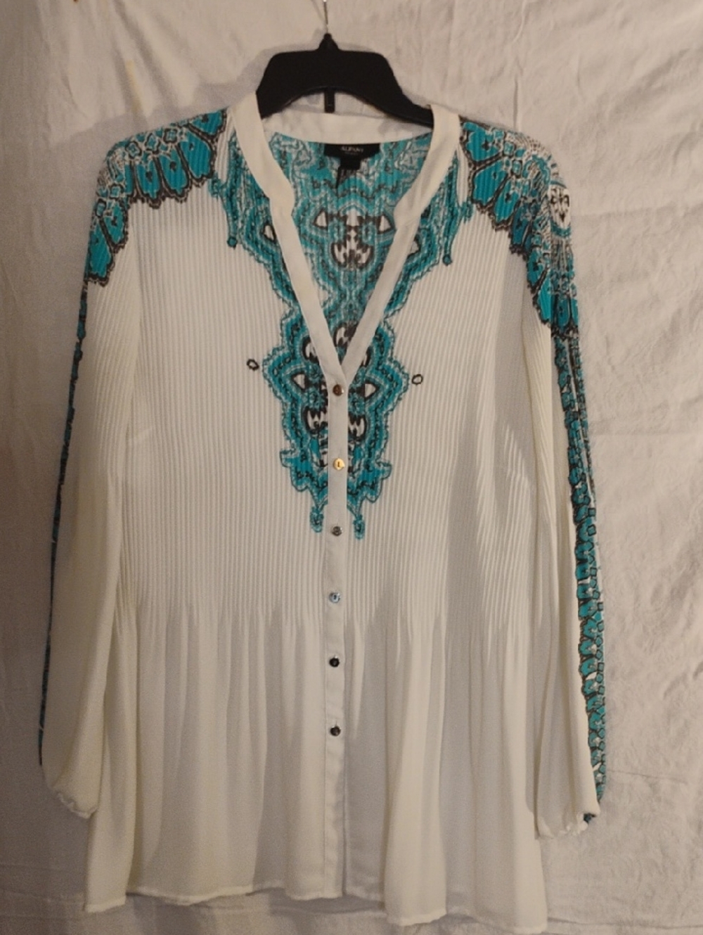 Alfani White Tunic Blouse with Turquoise Design